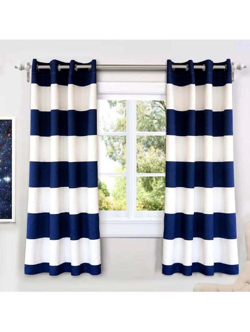 DriftAway Navy & white Striped Window Curtains (2 Sets)